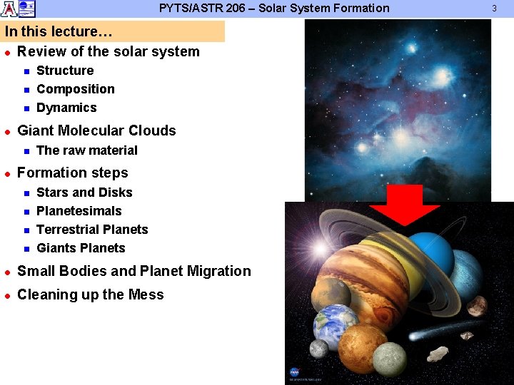 PYTS/ASTR 206 – Solar System Formation In this lecture… l Review of the solar PYTS/ASTR 206 – Solar System Formation In this lecture… l Review of the solar
