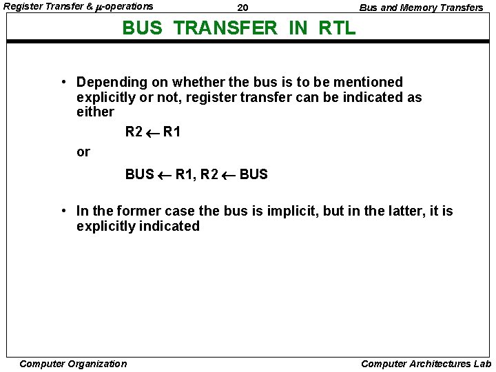 Register Transfer & -operations 20 Bus and Memory Transfers BUS TRANSFER IN RTL •