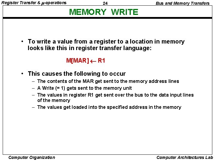 Register Transfer & -operations 24 Bus and Memory Transfers MEMORY WRITE • To write