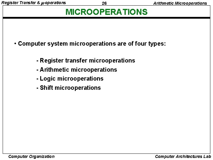 Register Transfer & -operations 26 Arithmetic Microoperations MICROOPERATIONS • Computer system microoperations are of