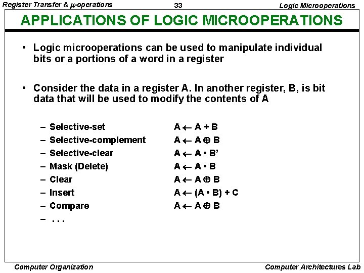 Register Transfer & -operations 33 Logic Microoperations APPLICATIONS OF LOGIC MICROOPERATIONS • Logic microoperations