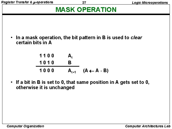 Register Transfer & -operations 37 Logic Microoperations MASK OPERATION • In a mask operation,