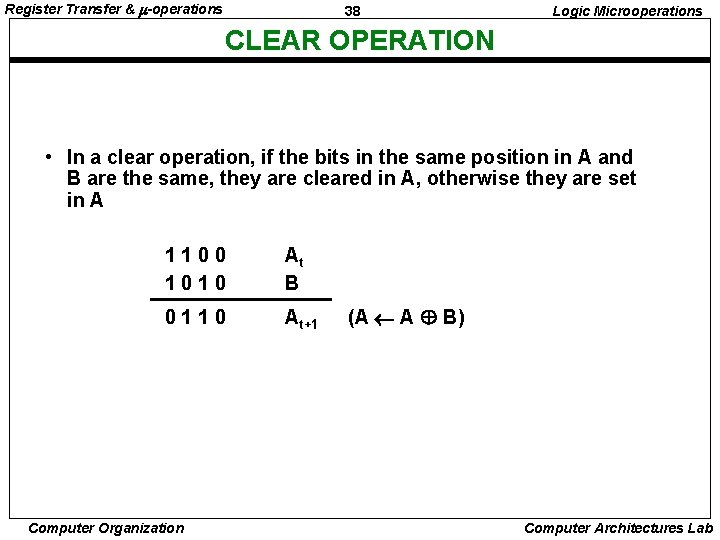 Register Transfer & -operations 38 Logic Microoperations CLEAR OPERATION • In a clear operation,