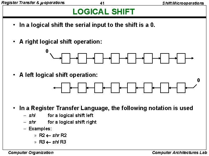 Register Transfer & -operations 41 Shift Microoperations LOGICAL SHIFT • In a logical shift
