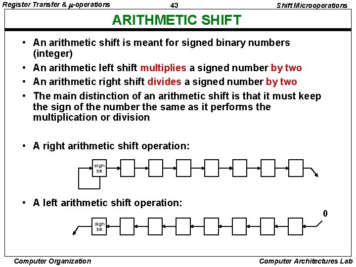 Register Transfer & -operations 43 Shift Microoperations ARITHMETIC SHIFT • An arithmetic shift is