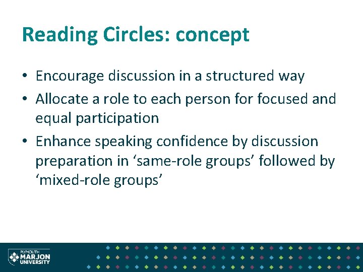 Reading Circles: concept • Encourage discussion in a structured way • Allocate a role