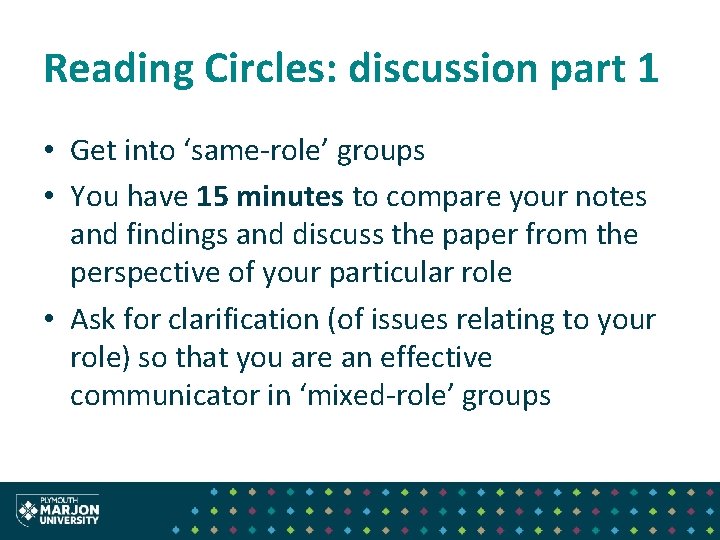Reading Circles: discussion part 1 • Get into ‘same-role’ groups • You have 15