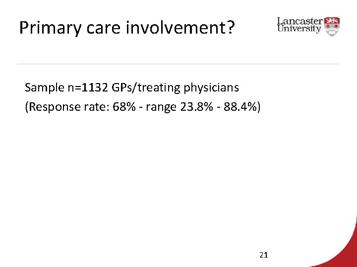 Primary care involvement? Sample n=1132 GPs/treating physicians (Response rate: 68% - range 23. 8%