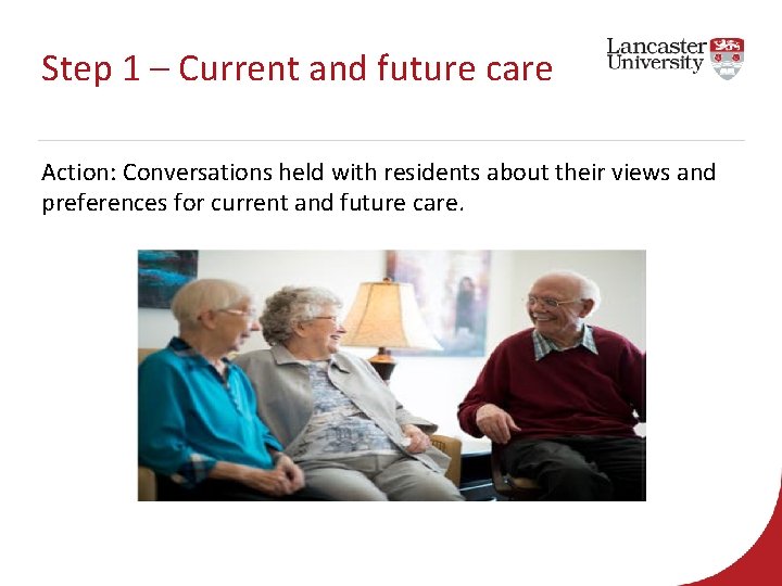 Step 1 – Current and future care Action: Conversations held with residents about their