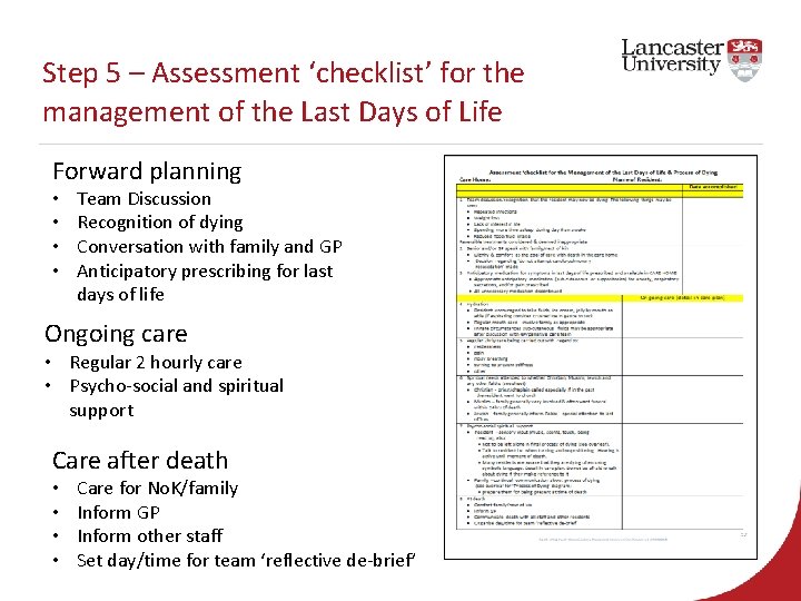 Step 5 – Assessment ‘checklist’ for the management of the Last Days of Life