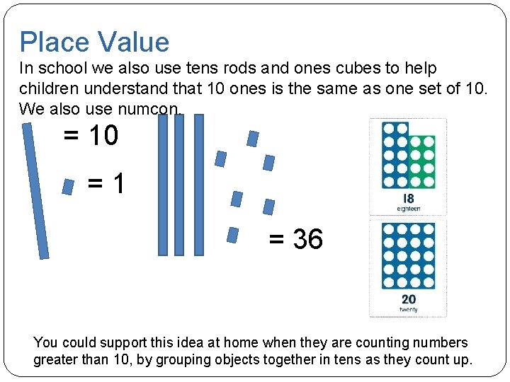 Place Value In school we also use tens rods and ones cubes to help