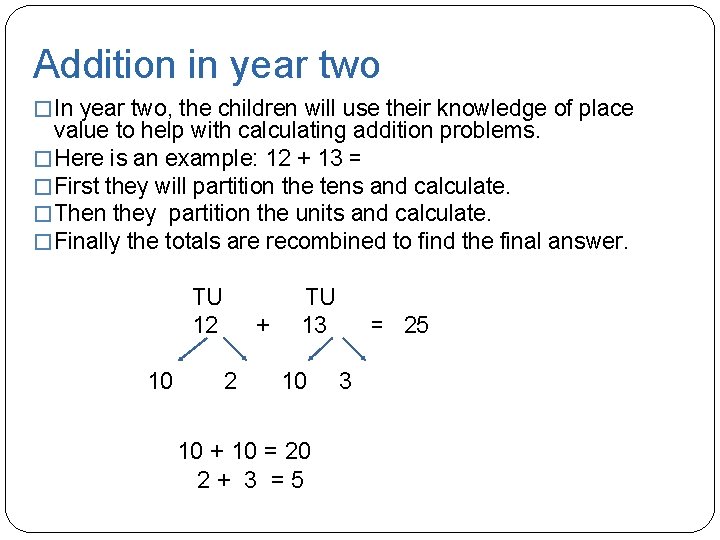 Addition in year two � In year two, the children will use their knowledge