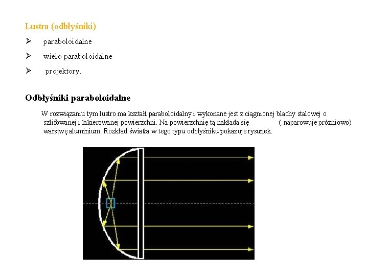 Lustra (odbłyśniki) Ø paraboloidalne Ø wielo paraboloidalne Ø projektory. Odbłyśniki paraboloidalne W rozwiązaniu tym