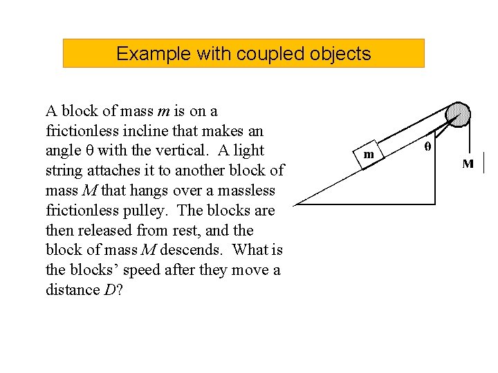 Example with coupled objects A block of mass m is on a frictionless incline