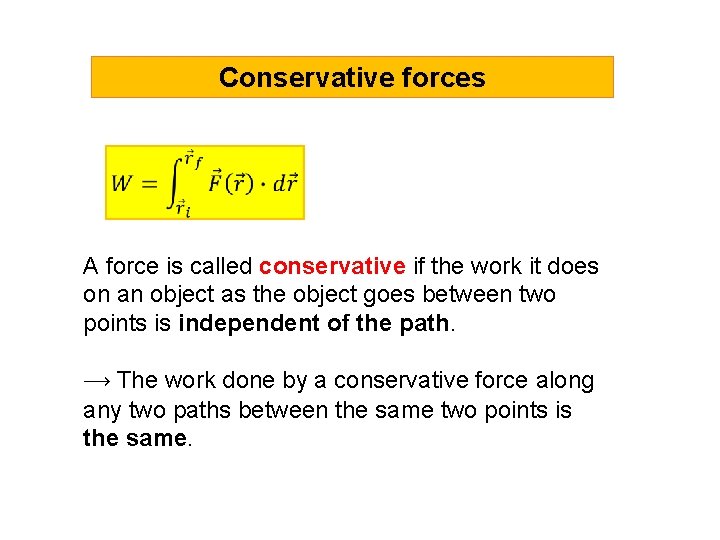 Conservative forces A force is called conservative if the work it does on an