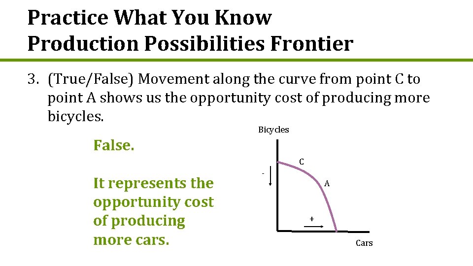 Practice What You Know Production Possibilities Frontier 3. (True/False) Movement along the curve from