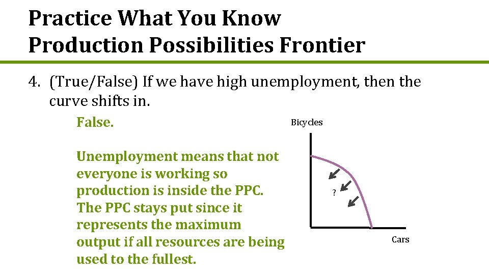 Practice What You Know Production Possibilities Frontier 4. (True/False) If we have high unemployment,