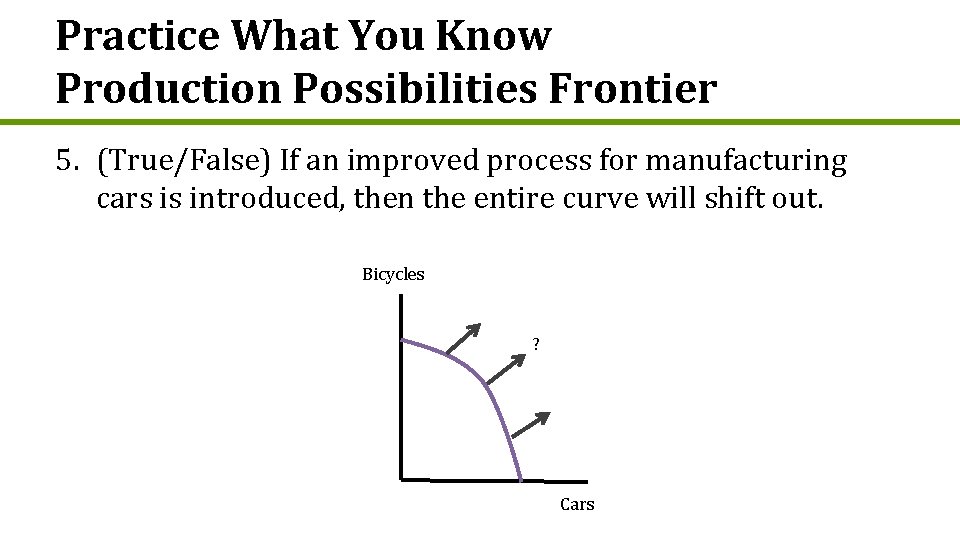 Practice What You Know Production Possibilities Frontier 5. (True/False) If an improved process for