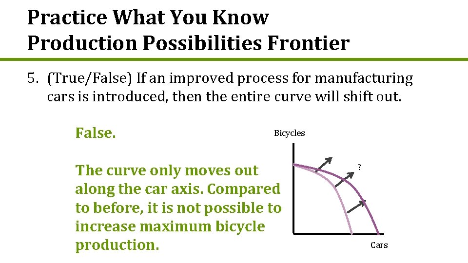 Practice What You Know Production Possibilities Frontier 5. (True/False) If an improved process for