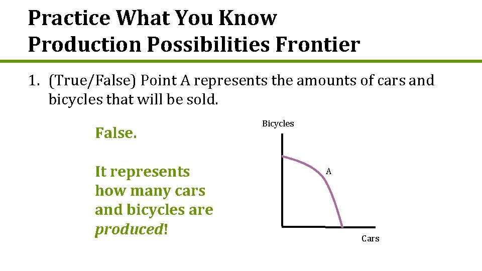 Practice What You Know Production Possibilities Frontier 1. (True/False) Point A represents the amounts