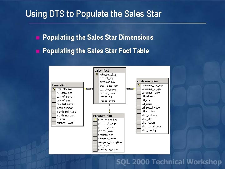 Using DTS to Populate the Sales Star n Populating the Sales Star Dimensions n