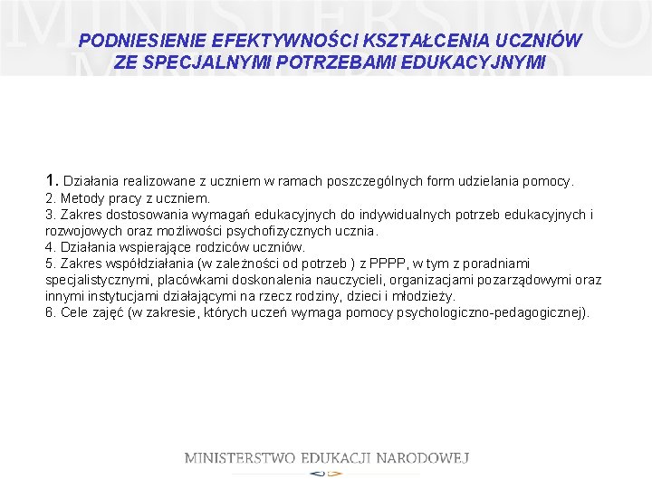 PODNIESIENIE EFEKTYWNOŚCI KSZTAŁCENIA UCZNIÓW ZE SPECJALNYMI POTRZEBAMI EDUKACYJNYMI 1. Działania realizowane z uczniem w