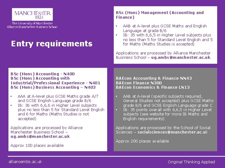 BSc (Hons) Management (Accounting and Finance) • • Entry requirements AAB at A-level plus
