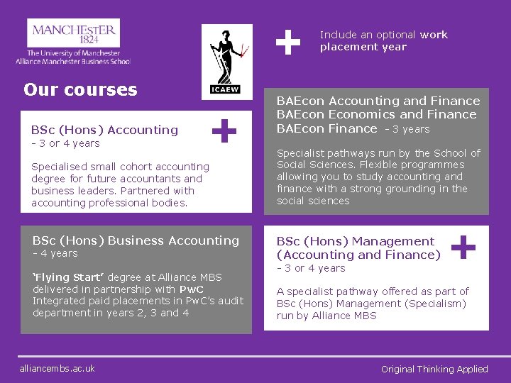 Include an optional work placement year Our courses BSc (Hons) Accounting BAEcon Accounting and