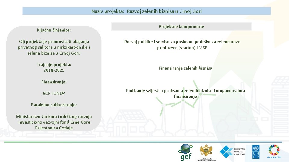 Naziv projekta: Razvoj zelenih biznisa u Crnoj Gori Ključne činjenice: Cilj projekta je promovisati