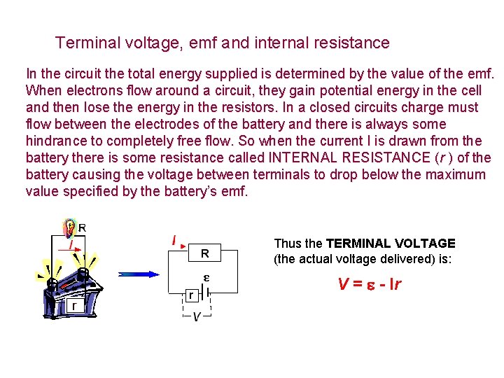 Terminal voltage, emf and internal resistance In the circuit the total energy supplied is Terminal voltage, emf and internal resistance In the circuit the total energy supplied is