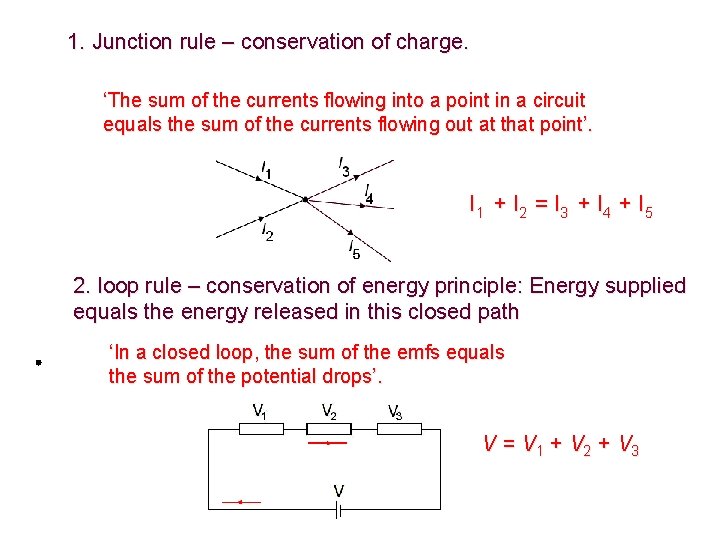 1. Junction rule – conservation of charge. ‘The sum of the currents flowing into 1. Junction rule – conservation of charge. ‘The sum of the currents flowing into