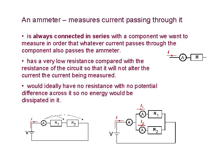 An ammeter – measures current passing through it • is always connected in series