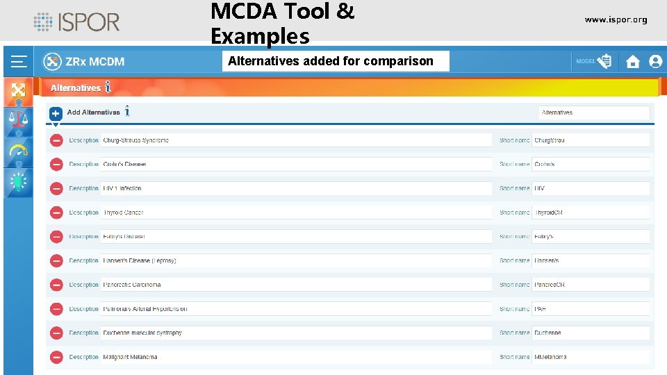 MCDA Tool & Examples Alternatives added for comparison • . 18 MCDA Tool & Examples Alternatives added for comparison • . 18
