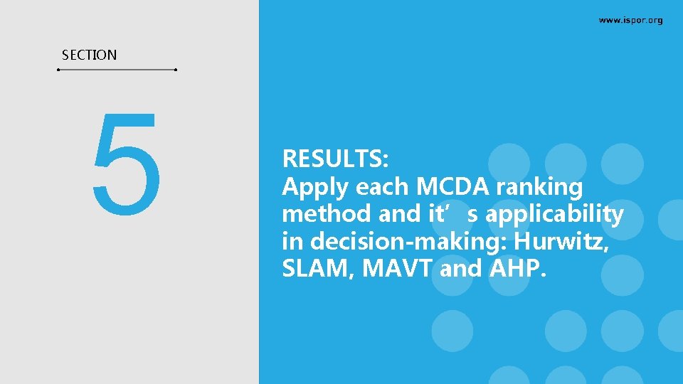 SECTION 5 RESULTS: Apply each MCDA ranking method and it’s applicability in decision-making: Hurwitz, SECTION 5 RESULTS: Apply each MCDA ranking method and it’s applicability in decision-making: Hurwitz,