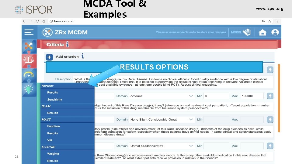 MCDA Tool & Examples RESULTS OPTIONS 23 MCDA Tool & Examples RESULTS OPTIONS 23