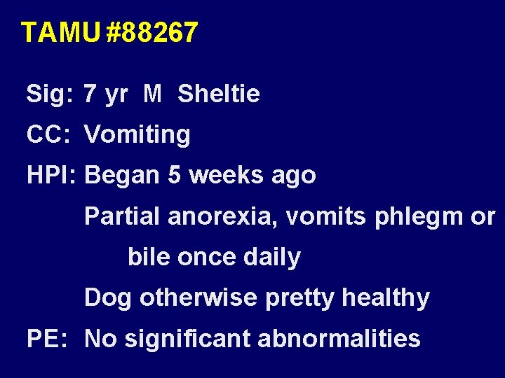 TAMU #88267 Sig: 7 yr M Sheltie CC: Vomiting HPI: Began 5 weeks ago