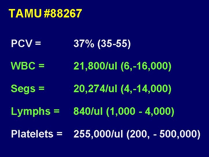 TAMU #88267 PCV = 37% (35 -55) WBC = 21, 800/ul (6, -16, 000)