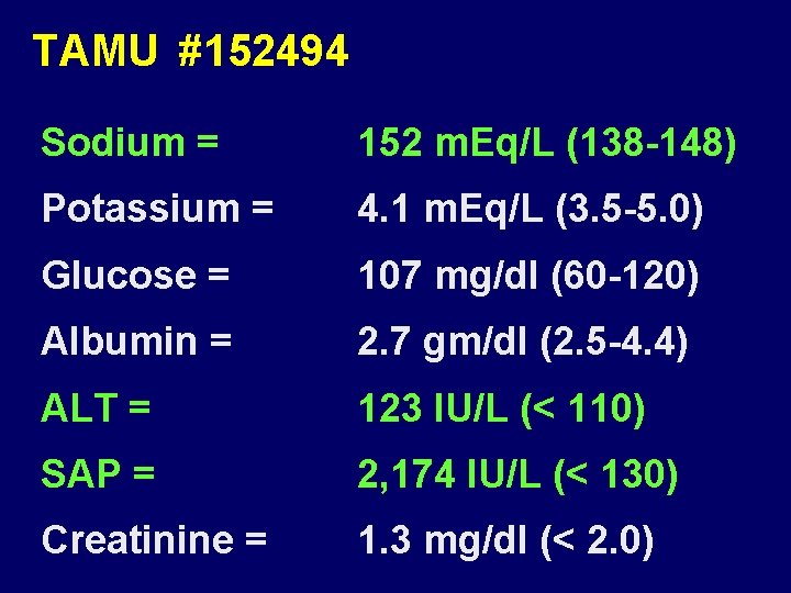 TAMU #152494 Sodium = 152 m. Eq/L (138 -148) Potassium = 4. 1 m.