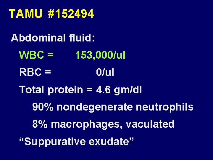 TAMU #152494 Abdominal fluid: WBC = RBC = 153, 000/ul Total protein = 4.
