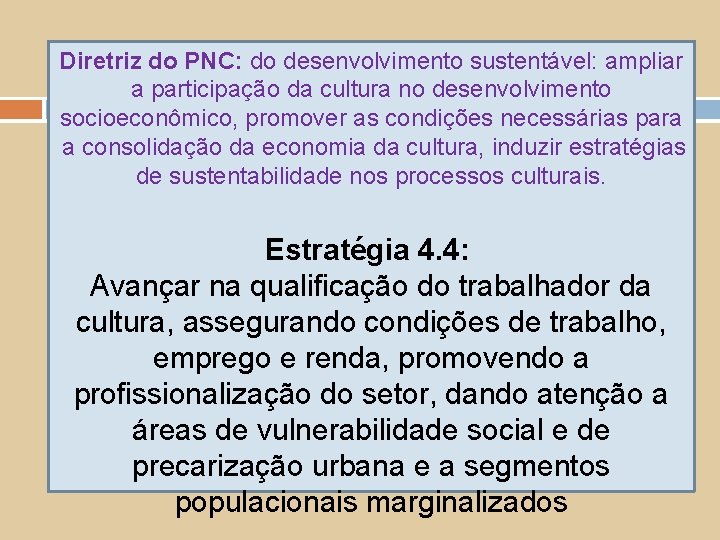 Diretriz do PNC: do desenvolvimento sustentável: ampliar a participação da cultura no desenvolvimento socioeconômico,