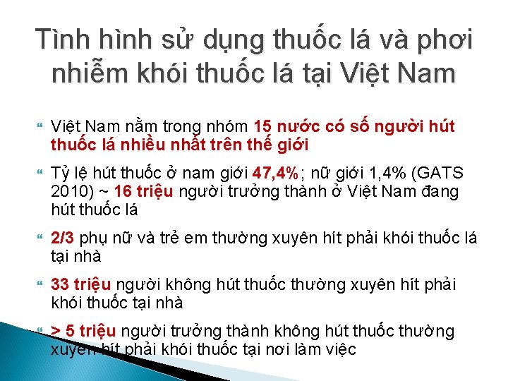 Tình hình sử dụng thuốc lá và phơi nhiễm khói thuốc lá tại Việt