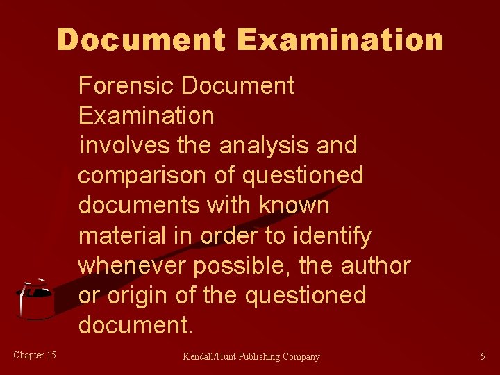 Document Examination Forensic Document Examination involves the analysis and comparison of questioned documents with