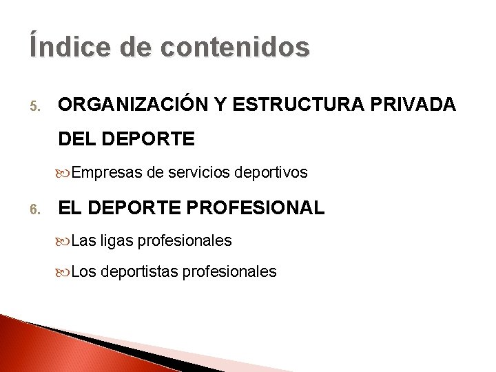 Índice de contenidos 5. ORGANIZACIÓN Y ESTRUCTURA PRIVADA DEL DEPORTE Empresas de servicios deportivos