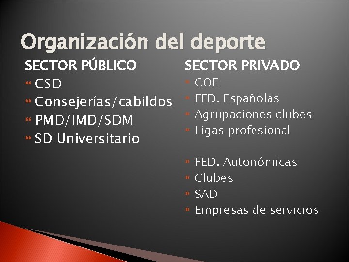 Organización del deporte SECTOR PÚBLICO SECTOR PRIVADO COE CSD Consejerías/cabildos FED. Españolas Agrupaciones clubes