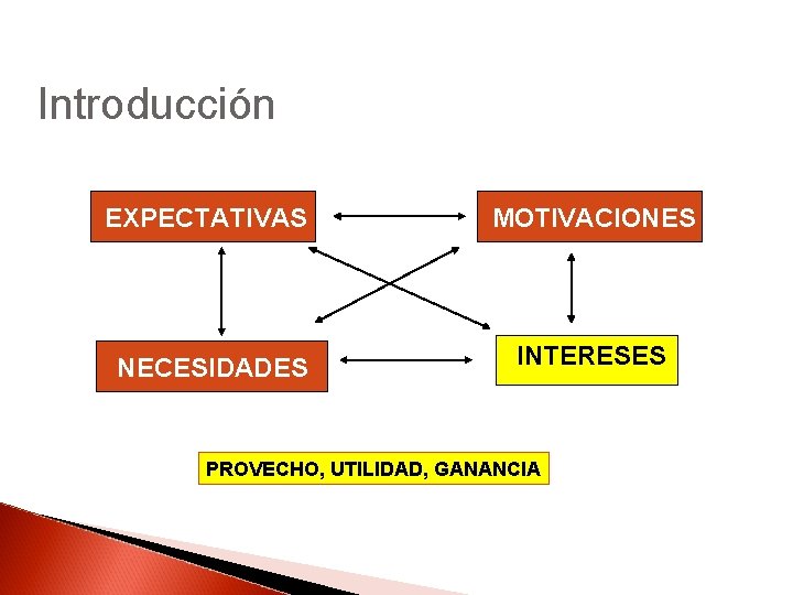 Introducción EXPECTATIVAS MOTIVACIONES NECESIDADES INTERESES PROVECHO, UTILIDAD, GANANCIA 