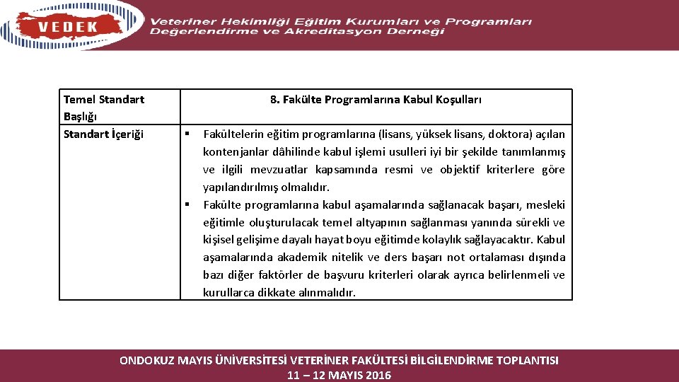 Temel Standart Başlığı Standart İçeriği 8. Fakülte Programlarına Kabul Koşulları Fakültelerin eğitim programlarına (lisans,
