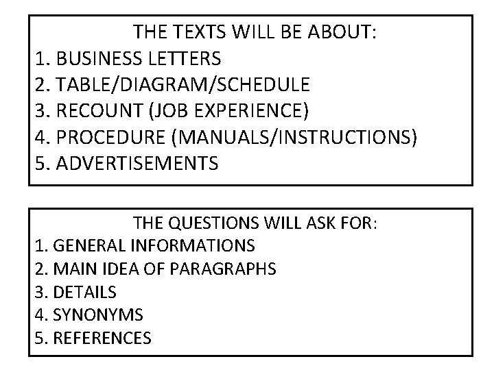 THE TEXTS WILL BE ABOUT: 1. BUSINESS LETTERS 2. TABLE/DIAGRAM/SCHEDULE 3. RECOUNT (JOB EXPERIENCE)