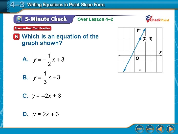 Over Lesson 4– 2 Which is an equation of the graph shown? A. B.