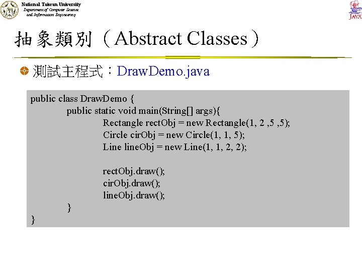 National Taiwan University Department of Computer Science and Information Engineering 抽象類別（Abstract Classes） 測試主程式：Draw. Demo.