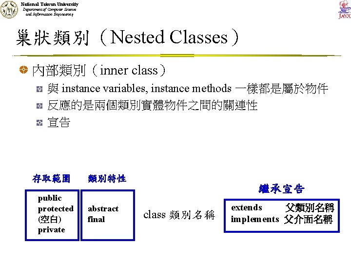 National Taiwan University Department of Computer Science and Information Engineering 巢狀類別（Nested Classes） 內部類別（inner class）